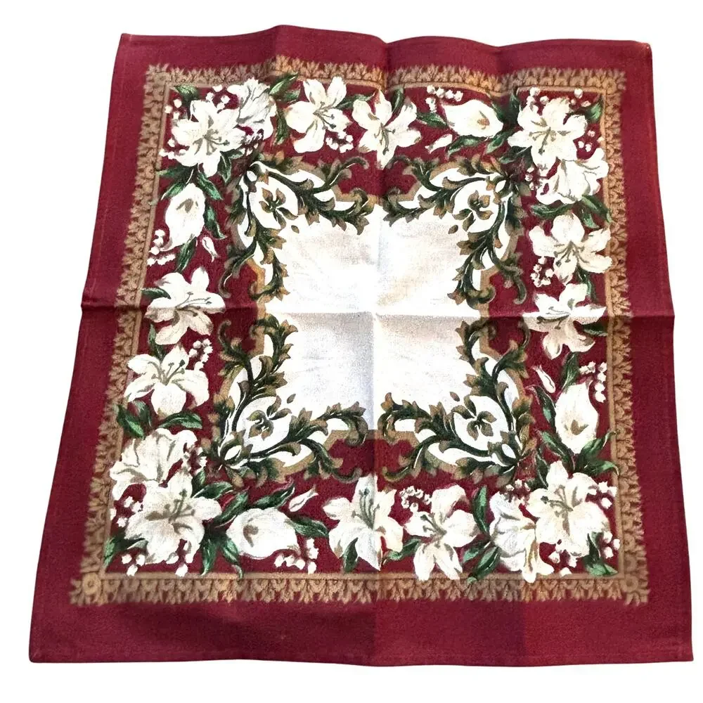 Retro 1980’s cloth napkins set of 4 in burgundy red & white lily brocade finish